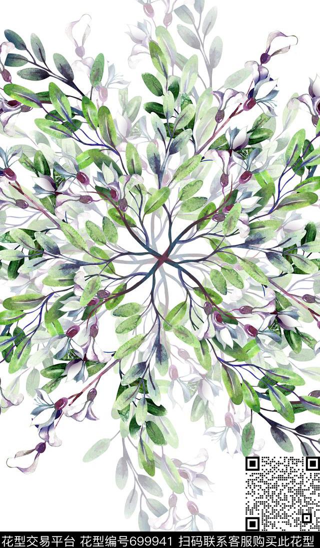 定位花卉绿叶数码印花花型下载（图片编号: 699941） - 瓦栏（Walan）