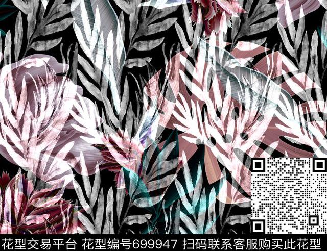 手绘花卉植物数码印花花型下载（图片编号: 699947） - 瓦栏（Walan）