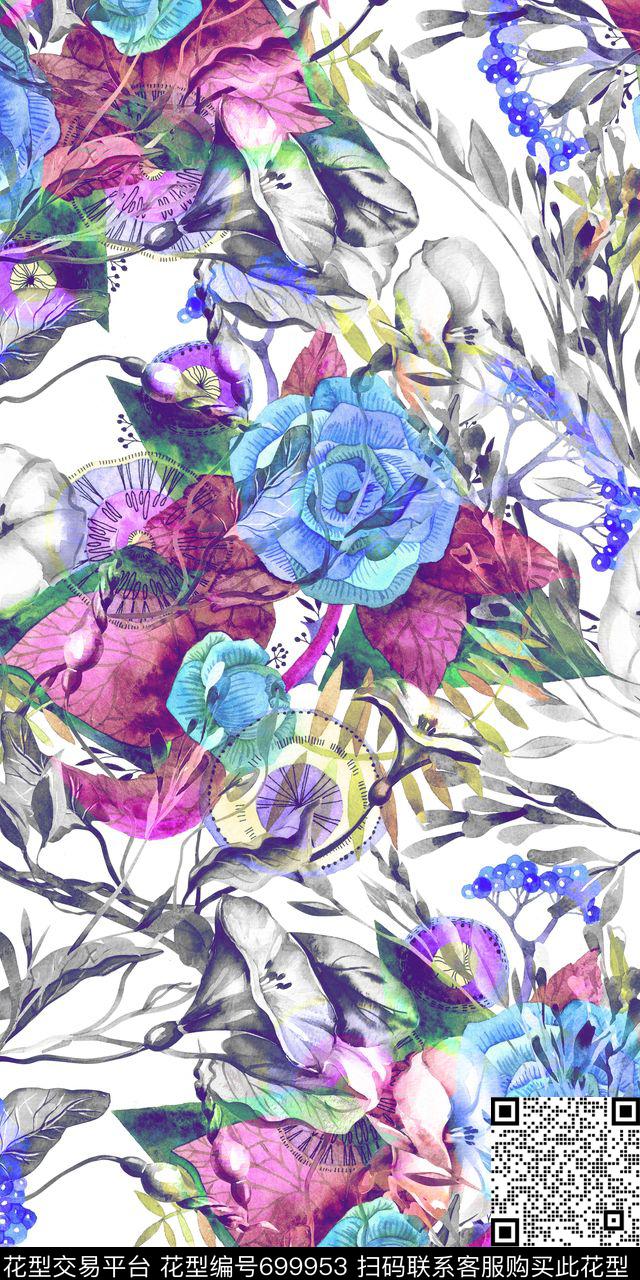 手绘黑白花卉数码印花花型下载（图片编号: 699953） - 瓦栏（Walan）