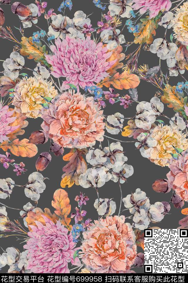 手绘牡丹棉花数码印花花型下载（图片编号: 699958） - 瓦栏（Walan）