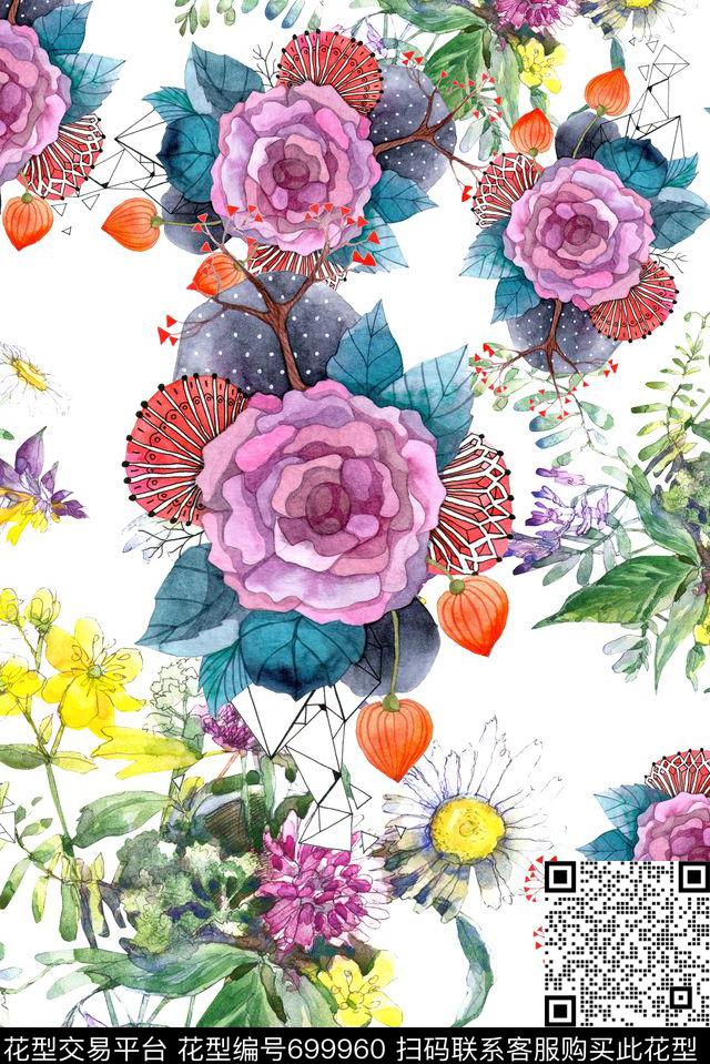 手绘枝条花卉数码印花花型下载（图片编号: 699960） - 瓦栏（Walan）