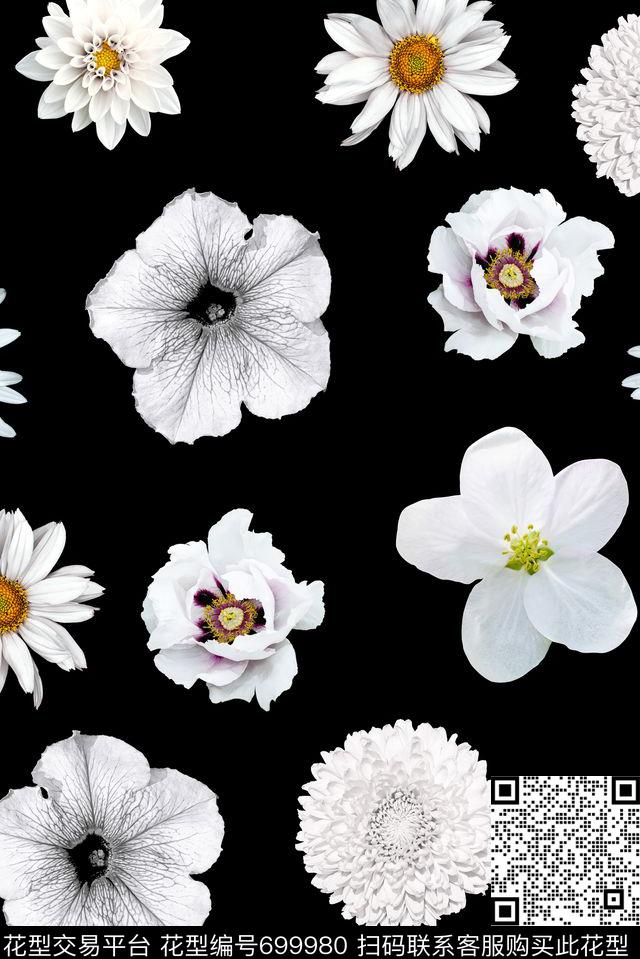 黑白花卉花朵数码印花花型下载（图片编号: 699980） - 瓦栏（Walan）