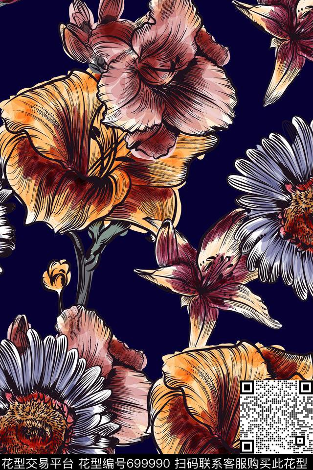 手绘花卉菊花数码印花花型下载（图片编号: 699990） - 瓦栏（Walan）