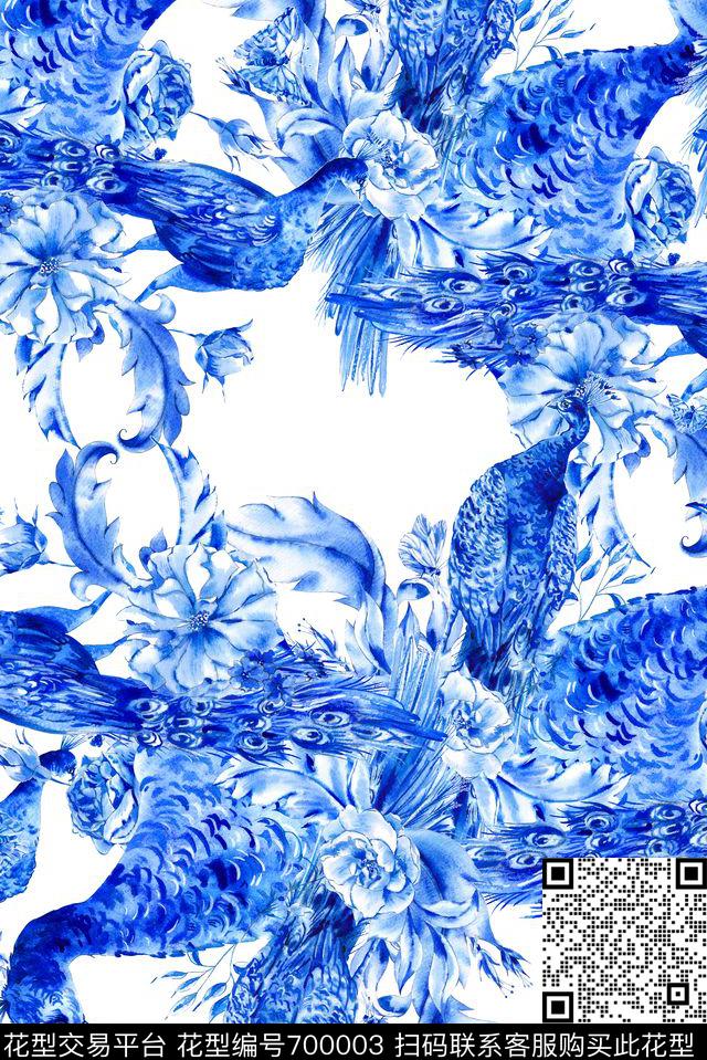 清爽青花瓷孔雀数码印花花型下载（图片编号: 700003） - 瓦栏（Walan）