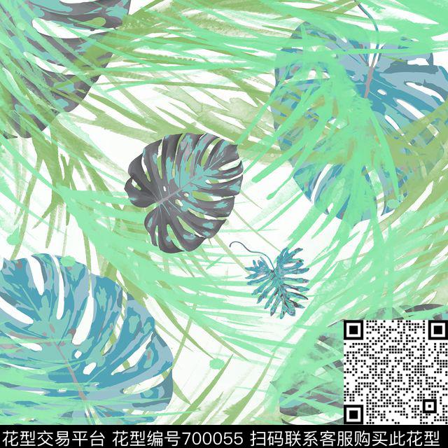 叶子，水彩，热带.jpg - 700055 - 丝巾专供款 休闲风 热带 - 数码印花花型 － 方巾花型设计 － 瓦栏