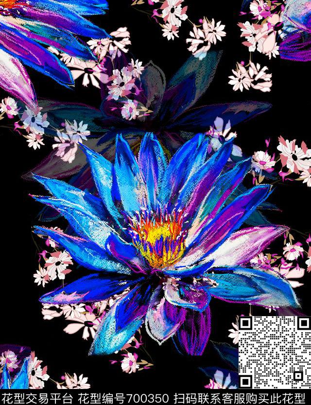 蓝莲花小碎花花卉数码印花花型下载（图片编号: 700350） - 瓦栏（Walan）