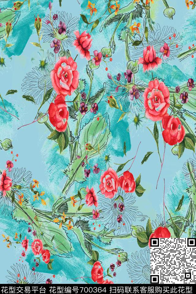 水彩线描花卉数码印花花型下载（图片编号: 700364） - 瓦栏（Walan）