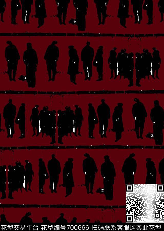 黑白休闲人物传统印花花型下载（图片编号: 700666） - 瓦栏（Walan）