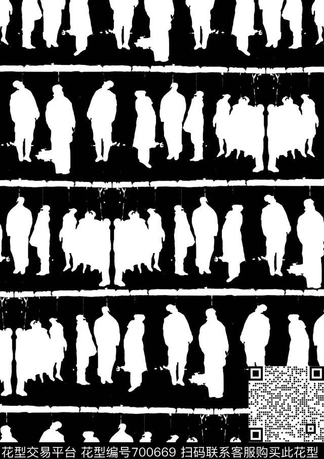 黑白休闲人物传统印花花型下载（图片编号: 700669） - 瓦栏（Walan）