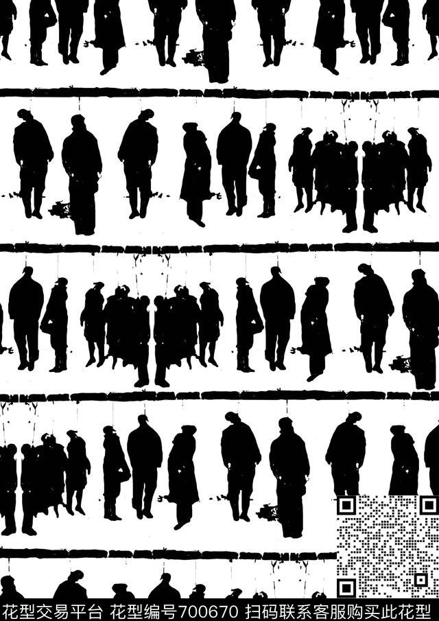 黑白休闲人物传统印花花型下载（图片编号: 700670） - 瓦栏（Walan）