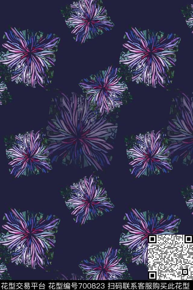 青蓝雅韵系列花卉组合风格花卉数码印花花型下载（图片编号: 700823） - 瓦栏（Walan）
