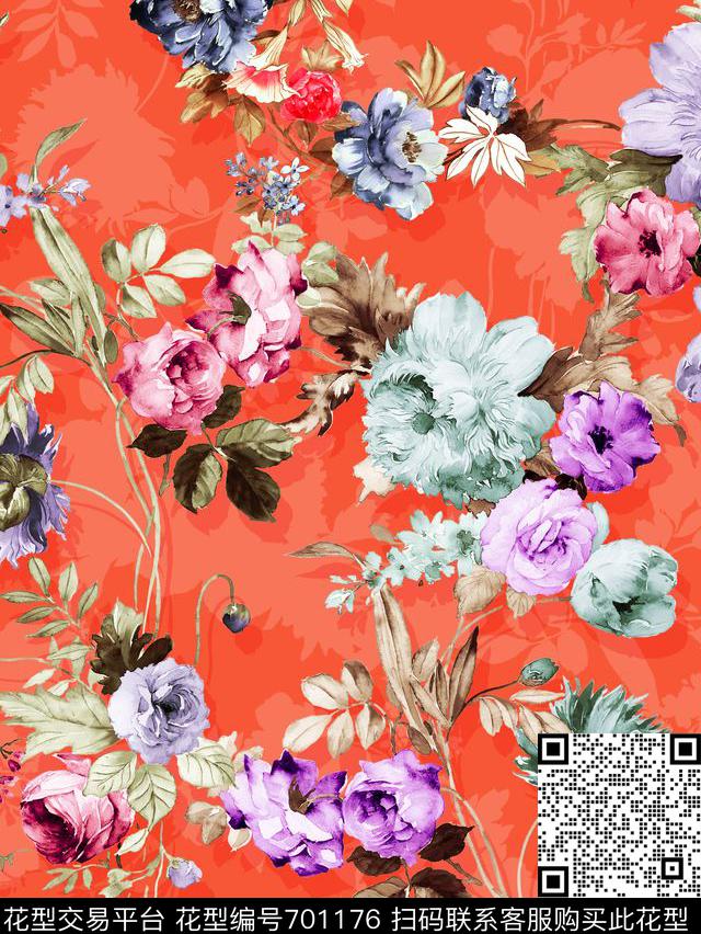 靓丽花卉水彩花数码印花花型下载（图片编号: 701176） - 瓦栏（Walan）