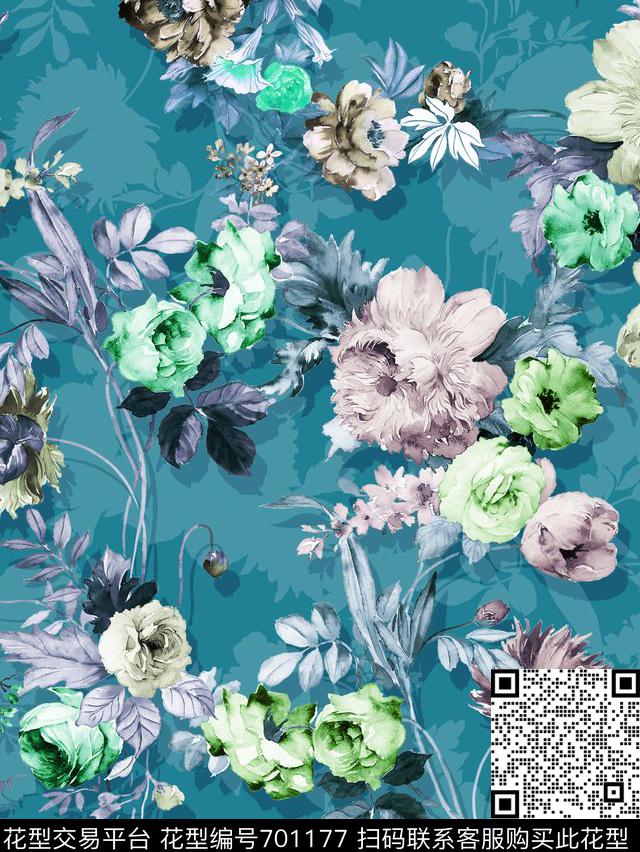 靓丽花卉水彩花数码印花花型下载（图片编号: 701177） - 瓦栏（Walan）