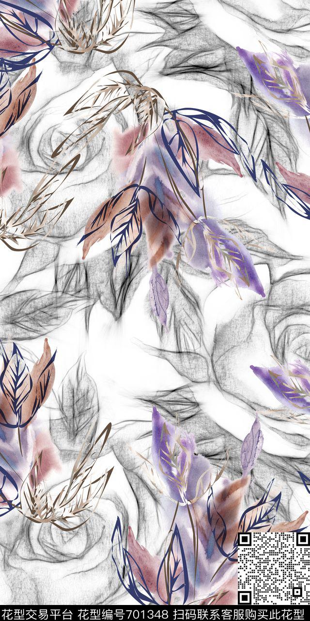 手绘花卉素描数码印花花型下载（图片编号: 701348） - 瓦栏（Walan）