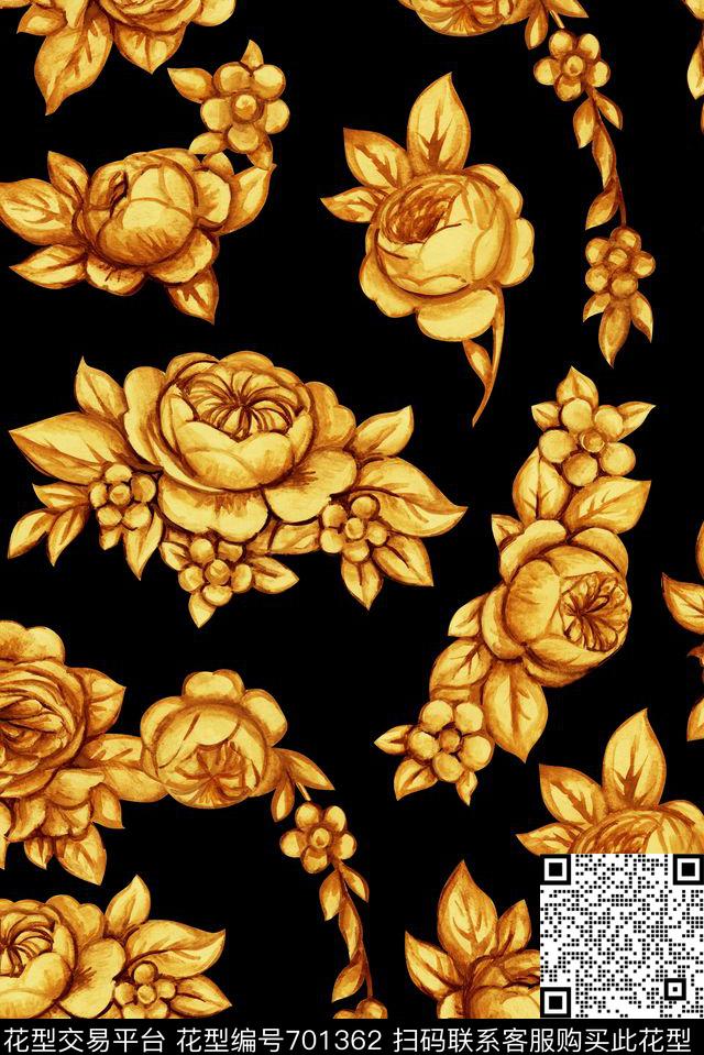 手绘金色花卉数码印花花型下载（图片编号: 701362） - 瓦栏（Walan）