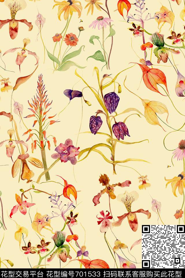 花卉藤蔓乱花数码印花花型下载（图片编号: 701533） - 瓦栏（Walan）