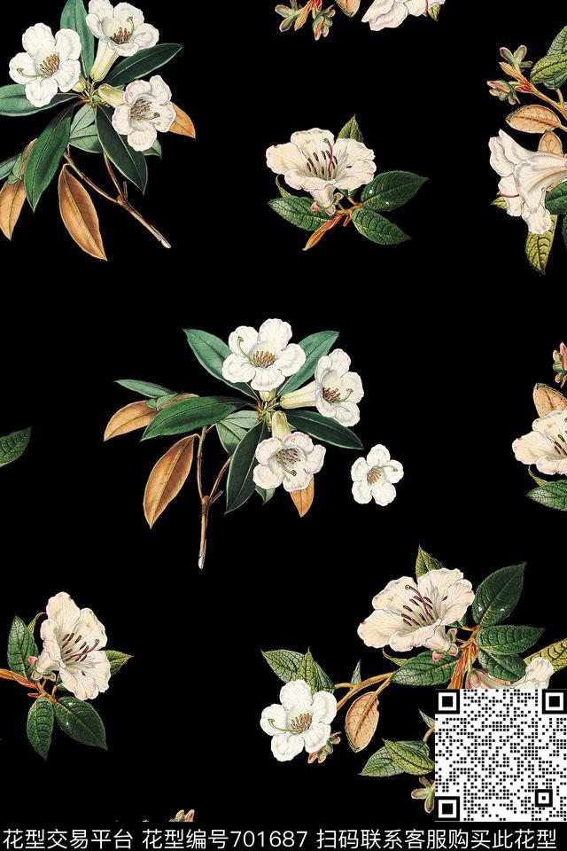 qyq-570.jpg - 701687 - 植物花卉 黑底 单色 - 数码印花花型 － 女装花型设计 － 瓦栏