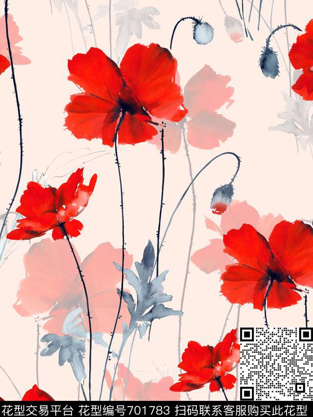 中国风花卉水墨数码印花花型下载（图片编号: 701783） - 瓦栏（Walan）