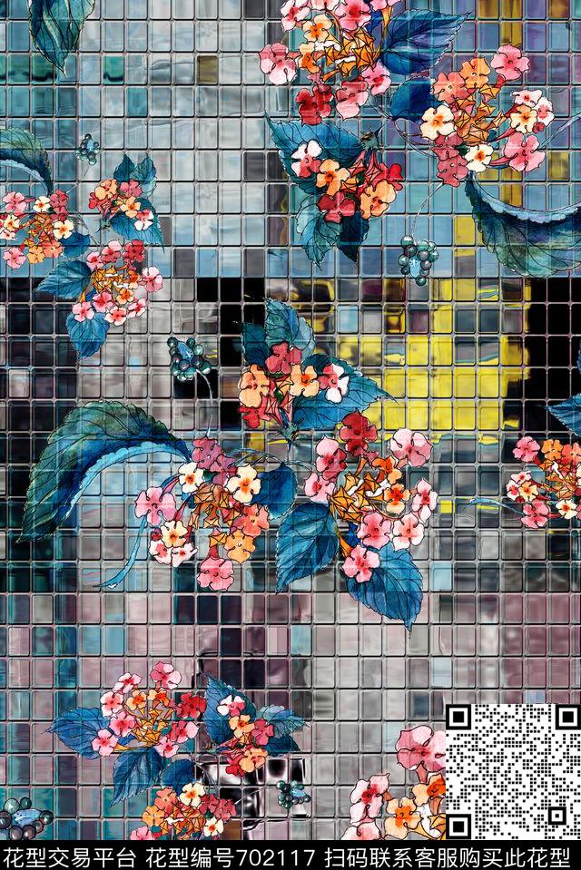 马赛克手绘花卉数码印花花型下载（图片编号: 702117） - 瓦栏（Walan）