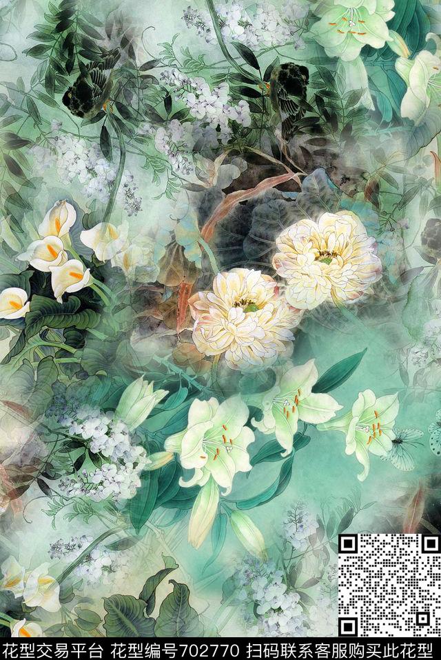 旗袍国画花卉数码印花花型下载（图片编号: 702770） - 瓦栏（Walan）