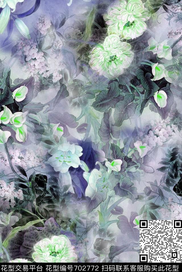 旗袍国画花卉数码印花花型下载（图片编号: 702772） - 瓦栏（Walan）