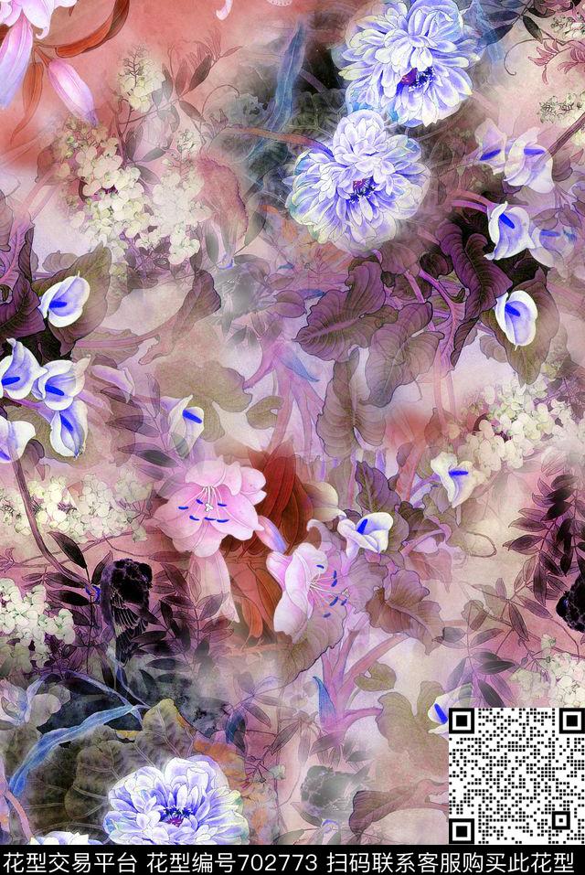 旗袍国画花卉数码印花花型下载（图片编号: 702773） - 瓦栏（Walan）