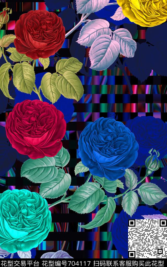 MAX460-色5.tif - 704117 - MAX-女装花卉 手绘复古玫瑰花卉 幻彩底纹 - 数码印花花型 － 女装花型设计 － 瓦栏