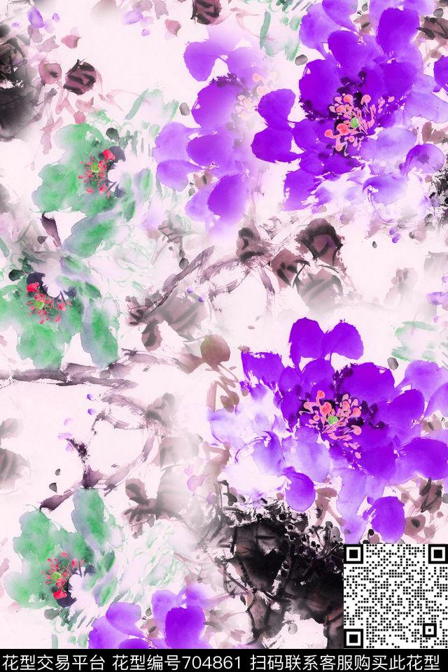 牡丹水墨国画数码印花花型下载（图片编号: 704861） - 瓦栏（Walan）