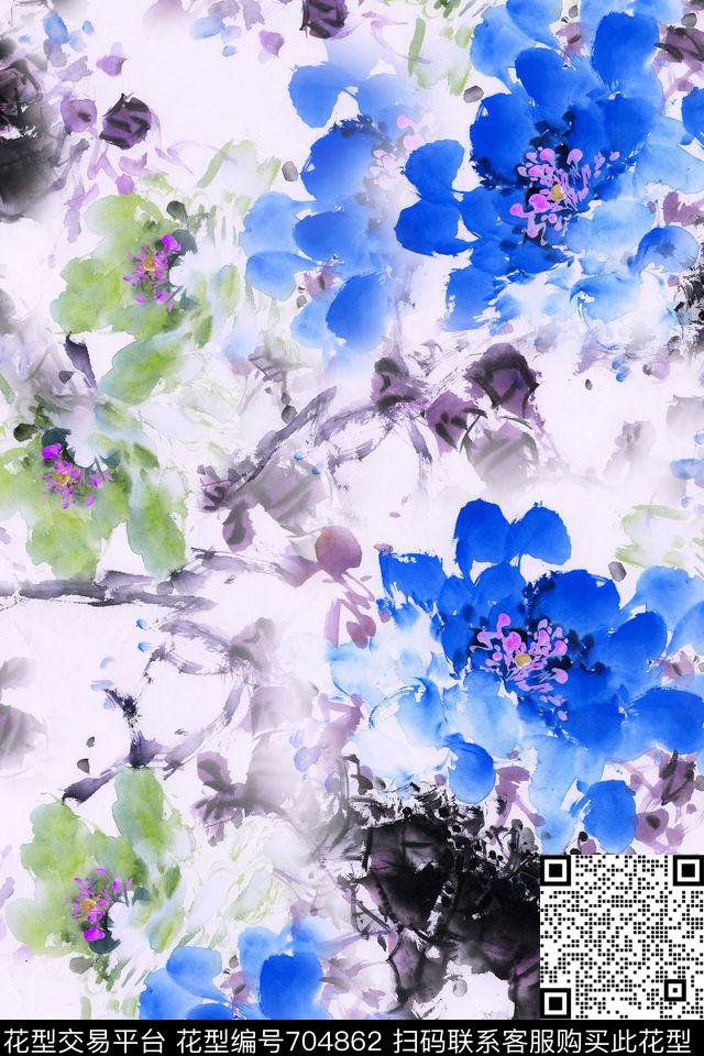 牡丹水墨国画数码印花花型下载（图片编号: 704862） - 瓦栏（Walan）