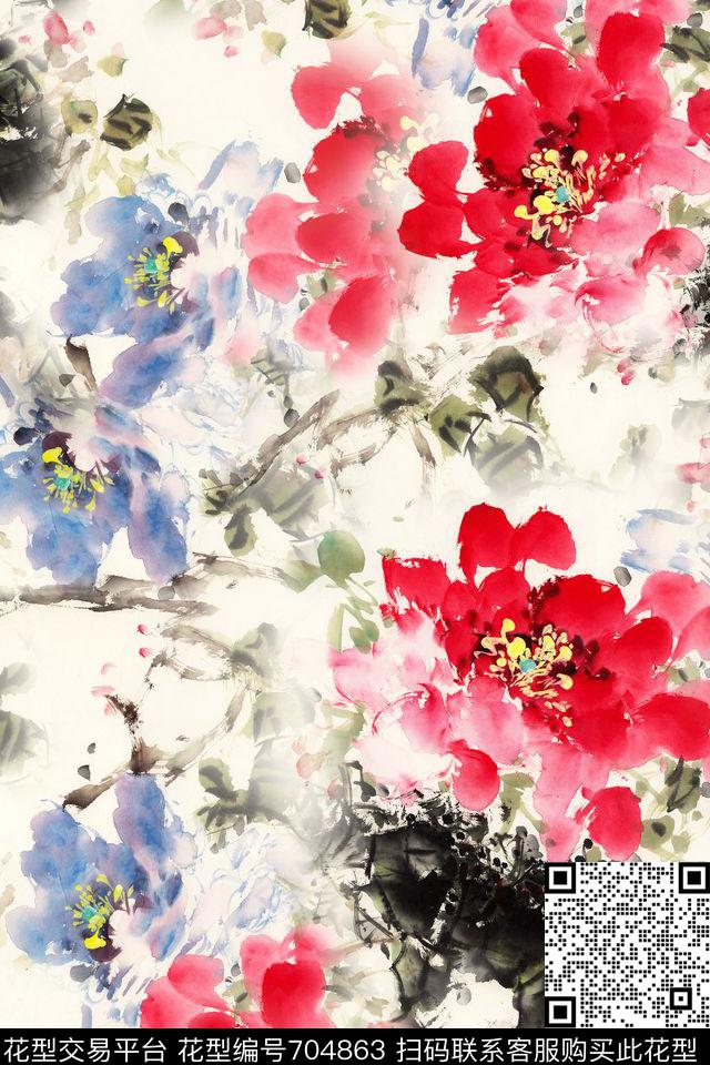 牡丹水墨国画数码印花花型下载（图片编号: 704863） - 瓦栏（Walan）