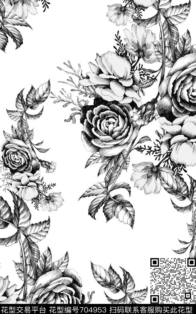 黑白线描玫瑰数码印花花型下载（图片编号: 704953） - 瓦栏（Walan）