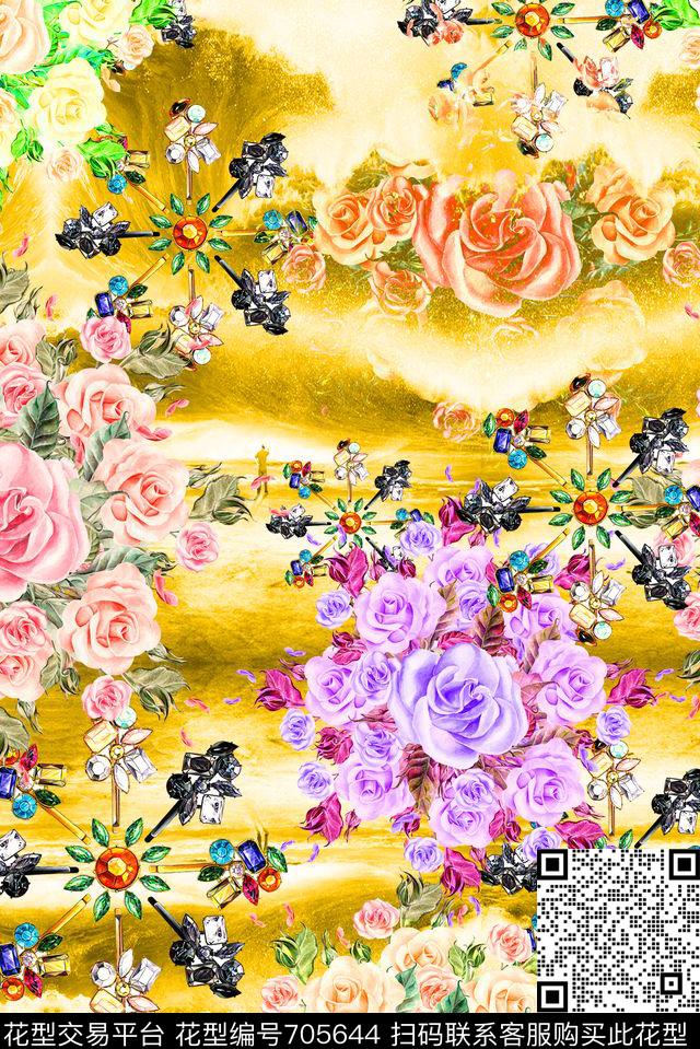 手绘水彩珠宝MAX-女装花卉幻彩云彩数码印花花型下载（图片编号: 705644） - 瓦栏（Walan）