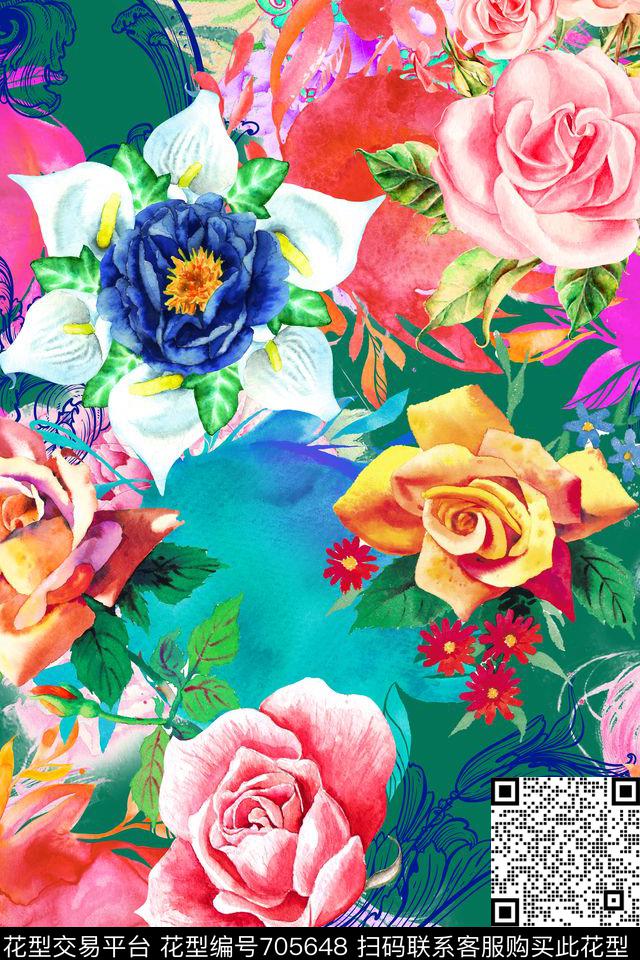 手绘水彩玫瑰MAX-女装花卉数码印花花型下载（图片编号: 705648） - 瓦栏（Walan）