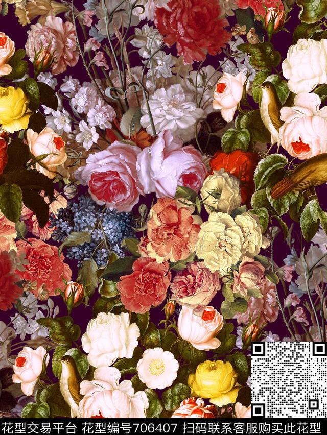 繁花似锦油画花卉花鸟数码印花花型下载（图片编号: 706407） - 瓦栏（Walan）