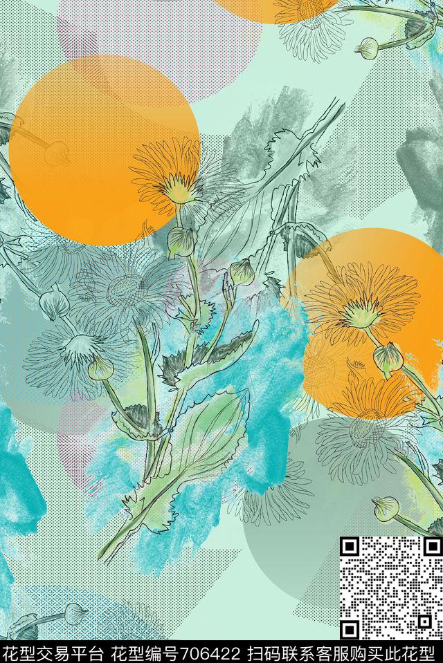手绘圆形花卉数码印花花型下载（图片编号: 706422） - 瓦栏（Walan）