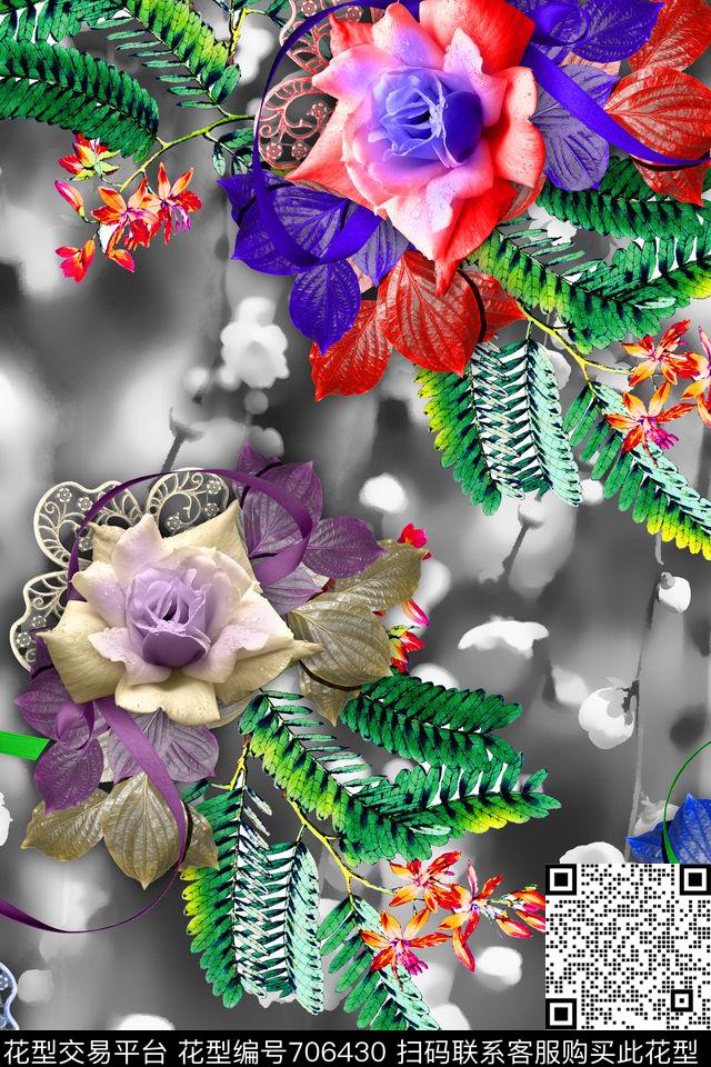 MAX467.tif - 706430 - 抽象幻彩底纹 MAX-女装花卉 手绘玫瑰花卉 - 数码印花花型 － 女装花型设计 － 瓦栏