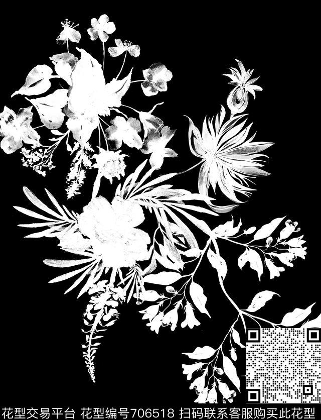 黑白手绘花卉数码印花花型下载（图片编号: 706518） - 瓦栏（Walan）