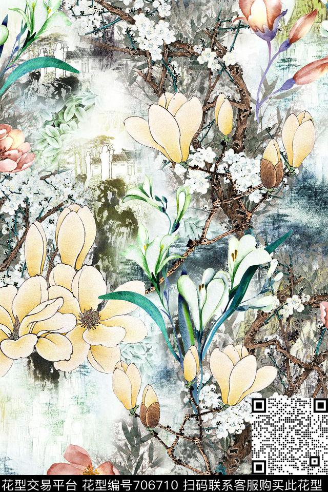中国风工笔花卉数码印花花型下载（图片编号: 706710） - 瓦栏（Walan）