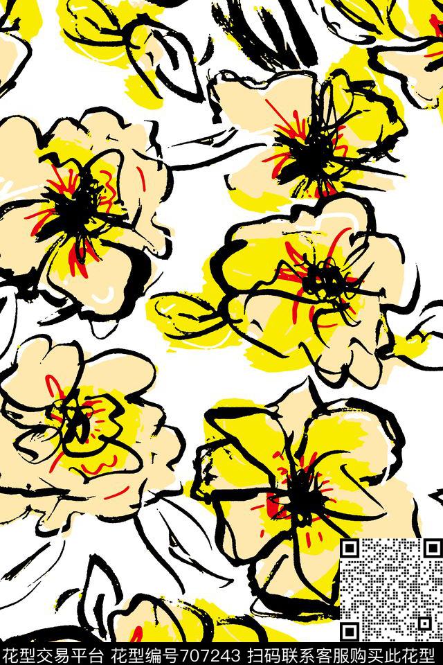 抽象花朵09050.tif - 707243 - 手绘线条 抽象 花朵 - 传统印花花型 － 女装花型设计 － 瓦栏