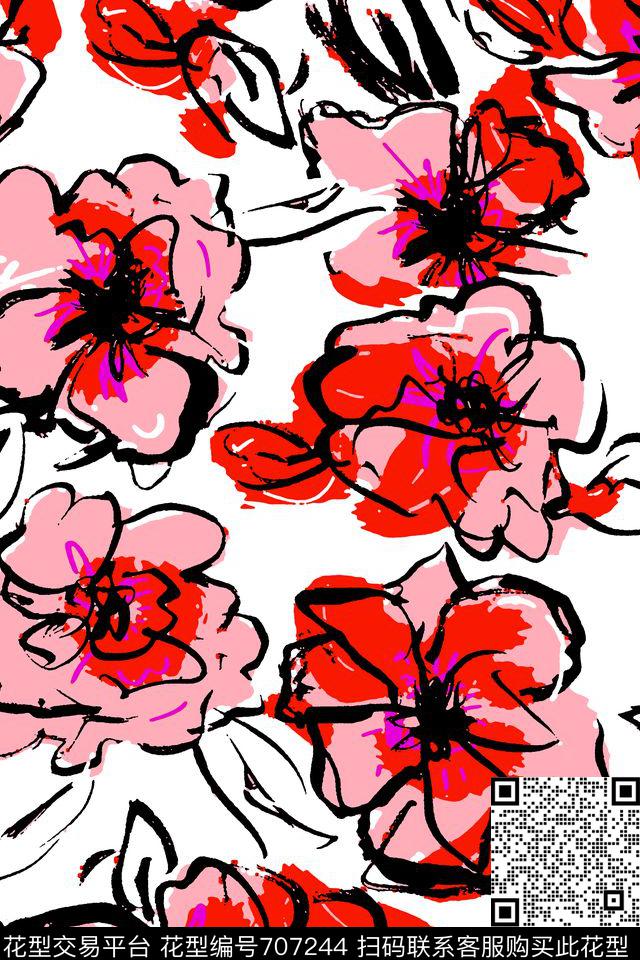 抽象花朵09050b.tif - 707244 - 手绘线条 抽象 花朵 - 传统印花花型 － 女装花型设计 － 瓦栏