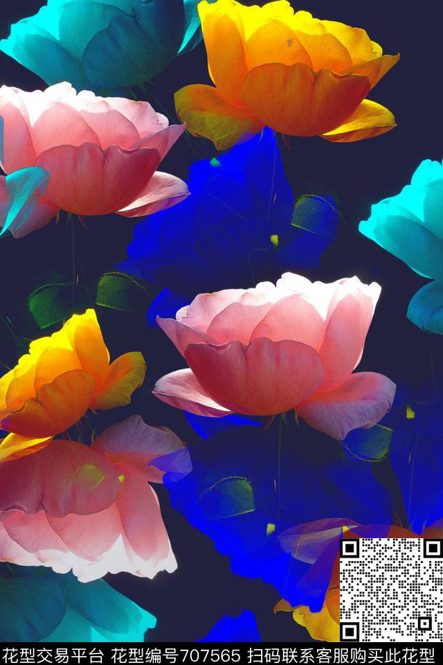 风格化花卉花卉组合花卉数码印花花型下载（图片编号: 707565） - 瓦栏（Walan）