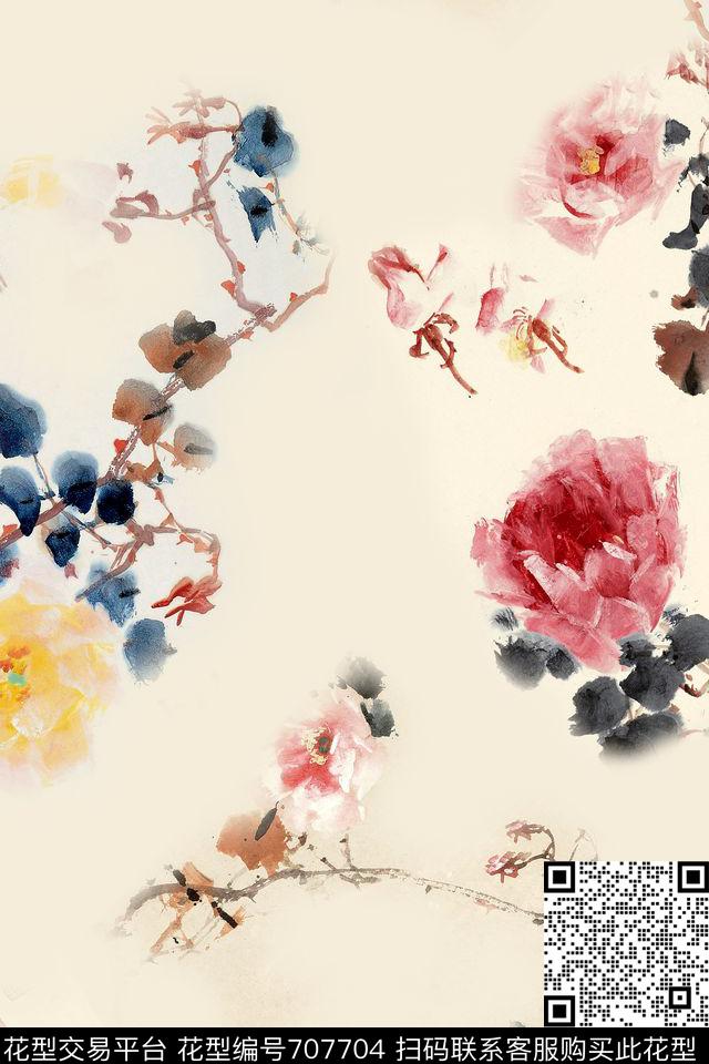 zf-573.jpg - 707704 - 国画牡丹花 水彩 清新 - 数码印花花型 － 女装花型设计 － 瓦栏