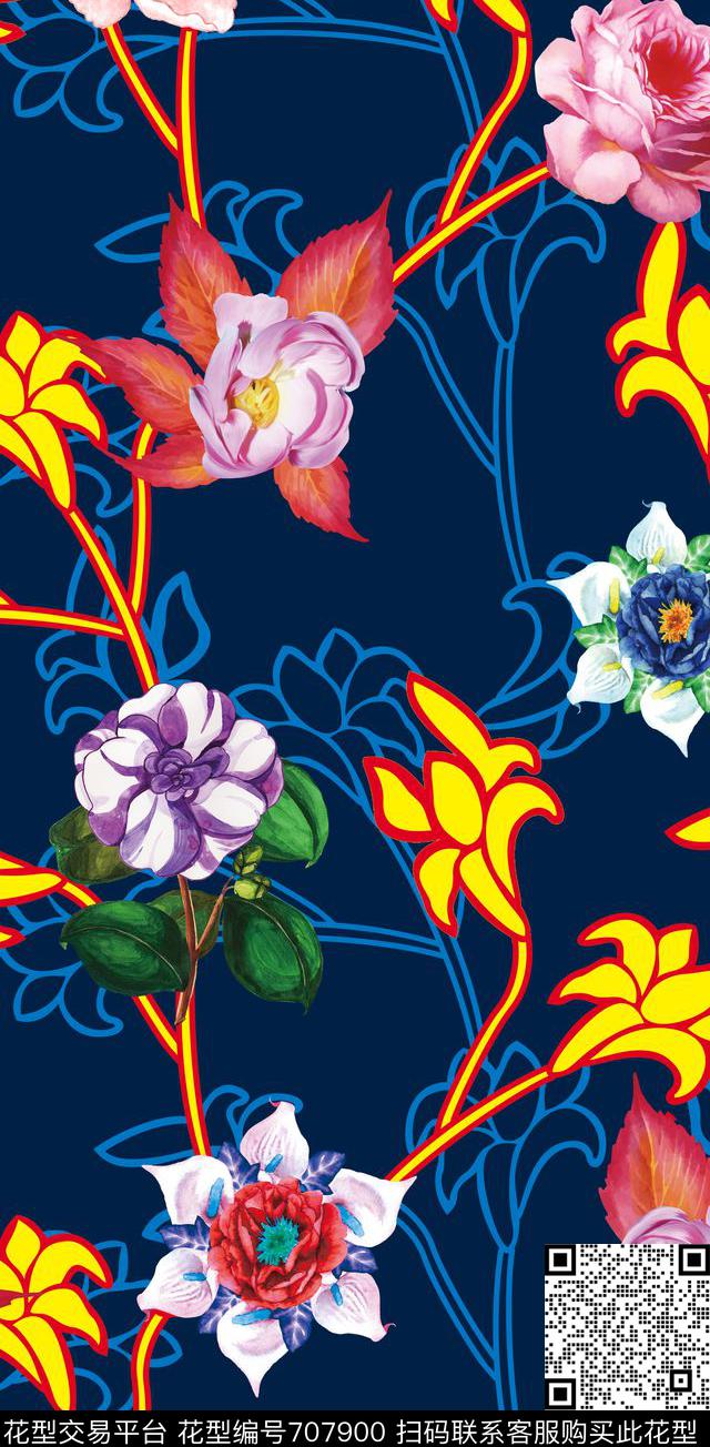MAX-女装花卉几何线条数码印花花型下载（图片编号: 707900） - 瓦栏（Walan）