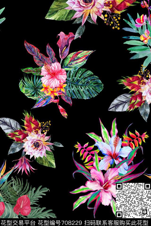 热带植物花卉数码印花花型下载（图片编号: 708229） - 瓦栏（Walan）
