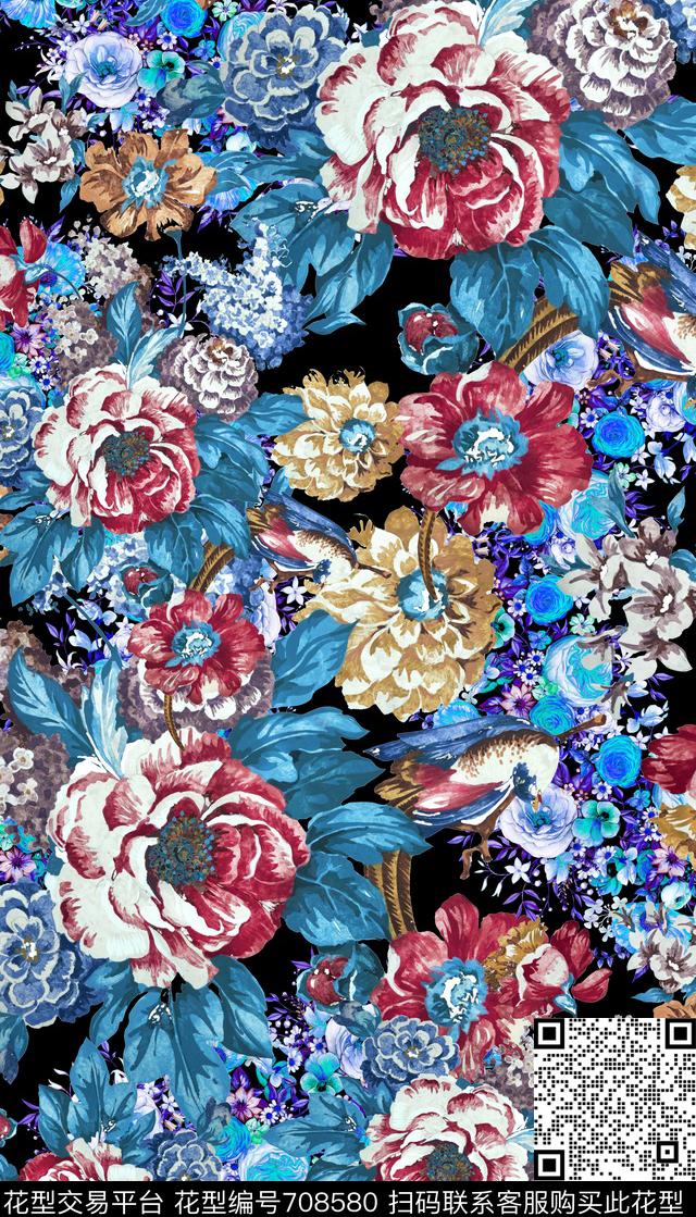 经典手绘花卉数码印花花型下载（图片编号: 708580） - 瓦栏（Walan）