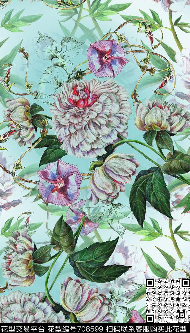 蓝色牵牛花经典数码印花花型下载（图片编号: 708599） - 瓦栏（Walan）