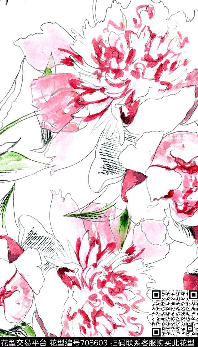线描手绘花卉数码印花花型下载（图片编号: 708603） - 瓦栏（Walan）