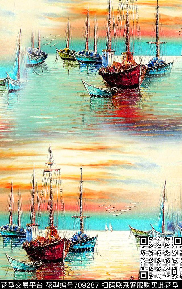 0919油画帆船-2.jpg - 709287 - 油画帆船 海上风景油画 帆船海鸥 - 数码印花花型 － 女装花型设计 － 瓦栏