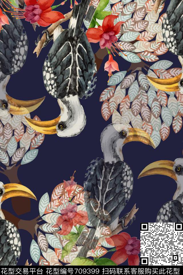 鸟昆虫图案民族风青蓝雅韵系列数码印花花型下载（图片编号: 709399） - 瓦栏（Walan）