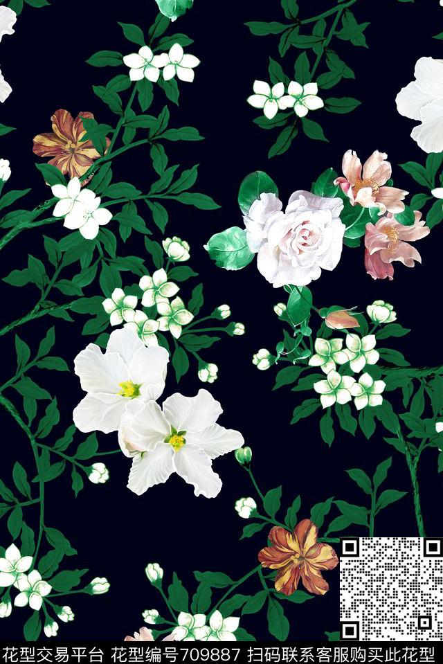 黑底简约田园数码印花花型下载（图片编号: 709887） - 瓦栏（Walan）